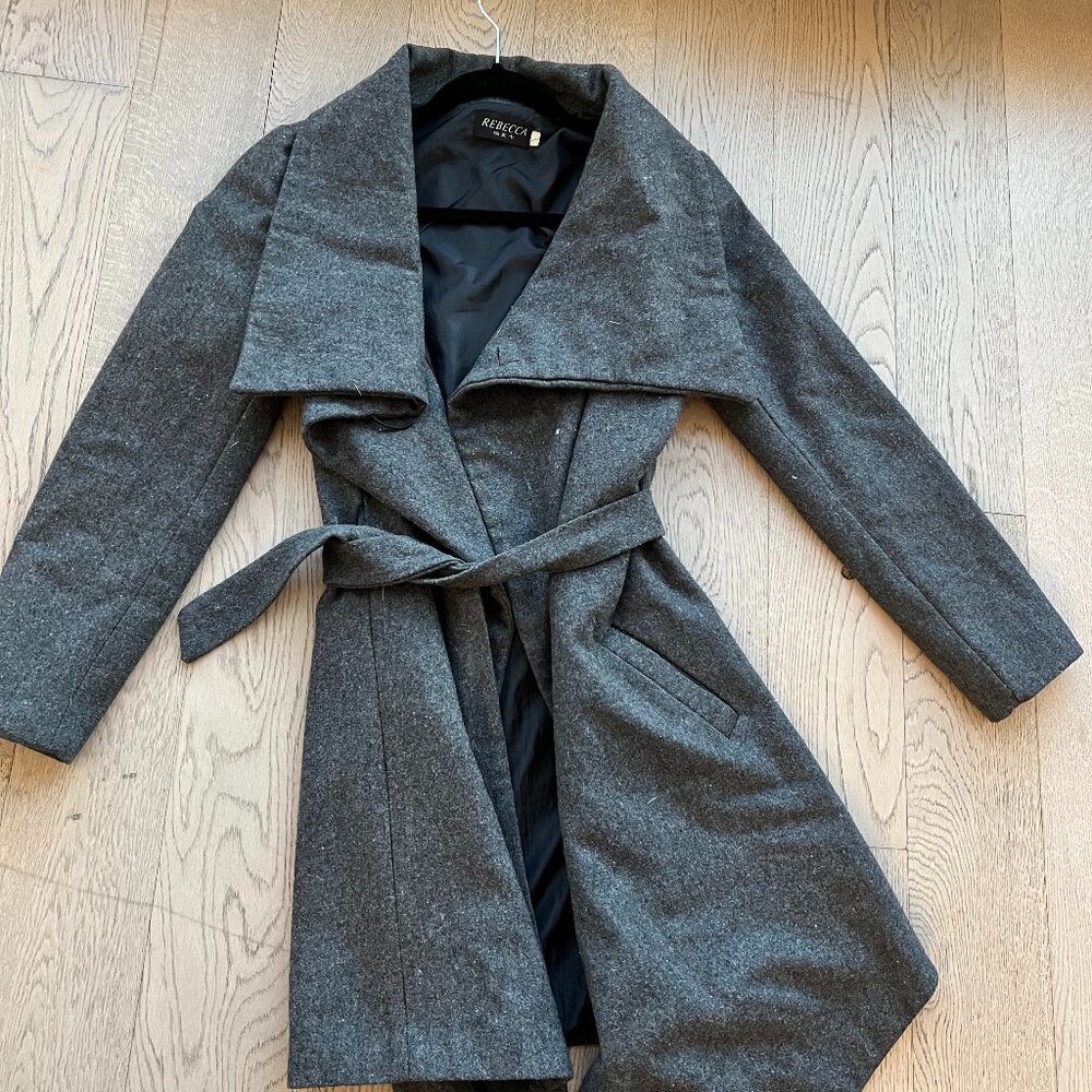 Chic Gray Wrap Coat – Belted Longline Jacket – Size M